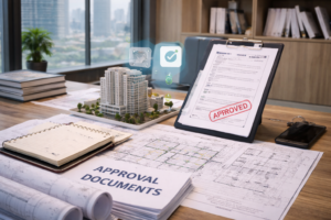 Building approval and liaisoning process with statutory documents and approved architectural drawings